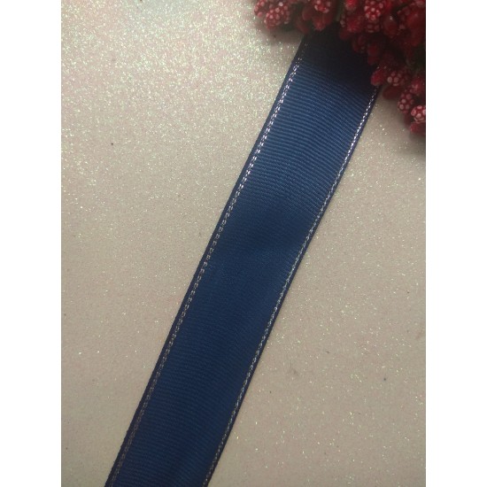 Лента репсовая с люрексом (серебро) 25мм цв. темно-синий, цена за 1 м